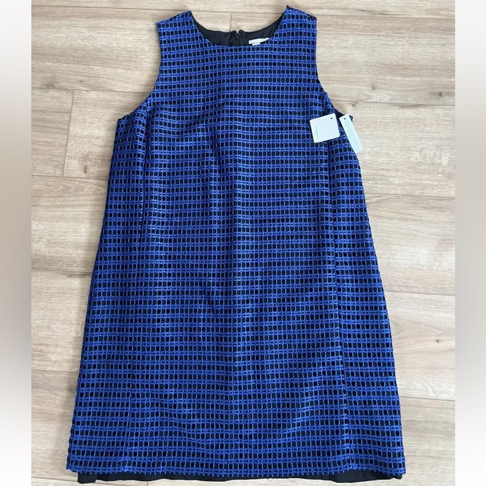 NWT Halogen Women Dress Size L Blue Indigo Black Sleeveless Crew $98 Retail
